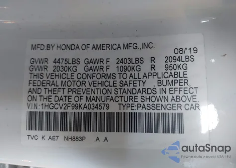 2019 Honda Accord Touring 2.0T from USA, damaged, VIN 1HGCV2F99KA034579